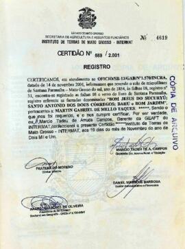 NÚMERO DA CERTIDÃO: 569.2001