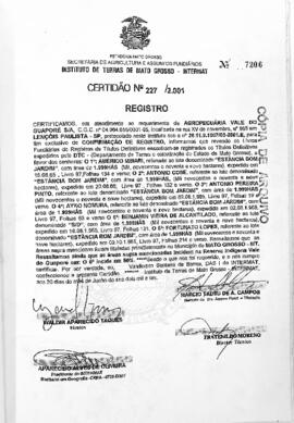 NÚMERO DA CERTIDÃO: 227.2001